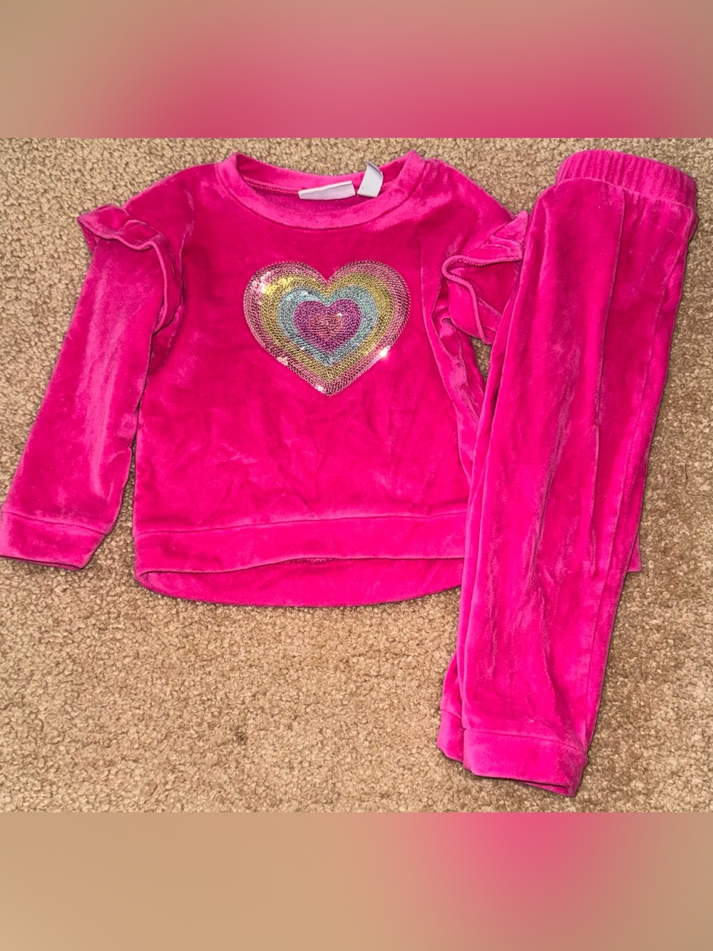 Girls' Sequin Heart Velour Matching Set in Hot Pink - Picture 1 of 1